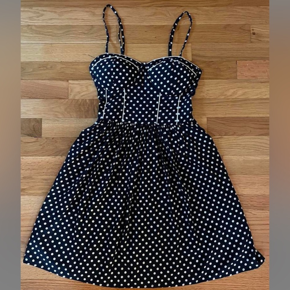 Vintage navy polka dot bustier dress.